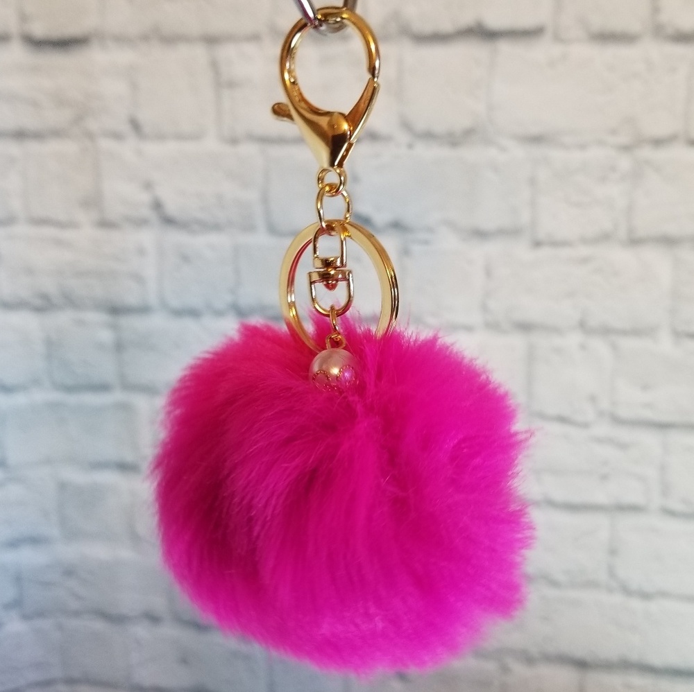 Pom Pom Pink Fluffy Ball Purse Charm Fob Keychain